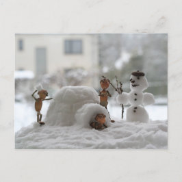 アコーン小人遊と雪の冬はがき ポストカード