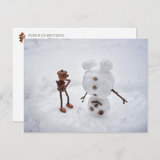 アコーン小妖精や小人冬はがき雪だるま作成 ポストカード (正面/裏面)