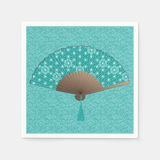 アサノハ日本のの扇形、ターコイズ スタンダードカクテルナプキン (正面)