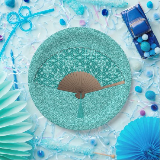 アサノ日本のハ型の扇(ターコイズ) ペーパープレート (パーティー)