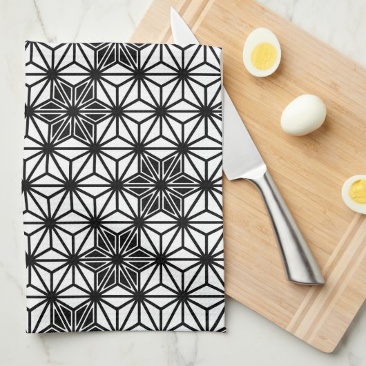 アサ日本のノハ模様 – 白と黒 キッチンタオル (四つ折り)