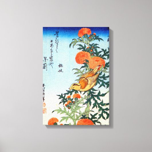 アザミに小鳥、北斎鳥とアザミ、北斎、浮世絵 キャンバスプリント (正面)