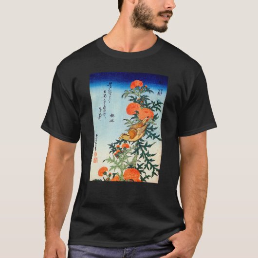アザミに小鳥、北斎鳥とアザミ、北斎、浮世絵 Tシャツ (正面)