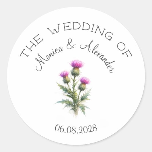 アザミの花 スコットランドの水彩画 結婚式パーティー ラウンドシール (正面)