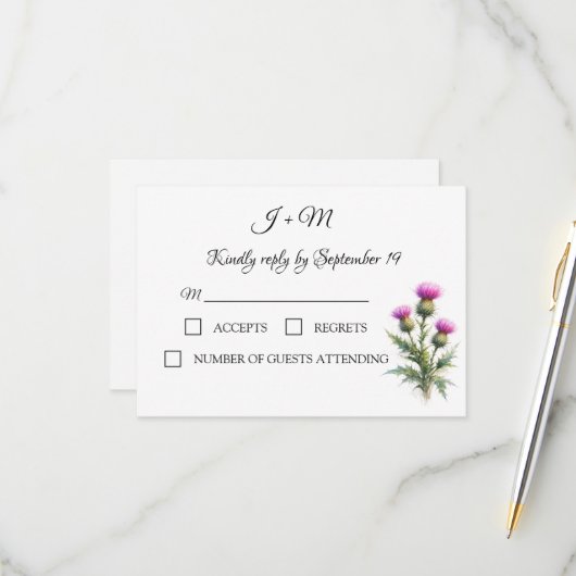 アザミの花 スコットランドの水彩結婚式RSVP 出欠カード (正面/裏面インサイチュ)