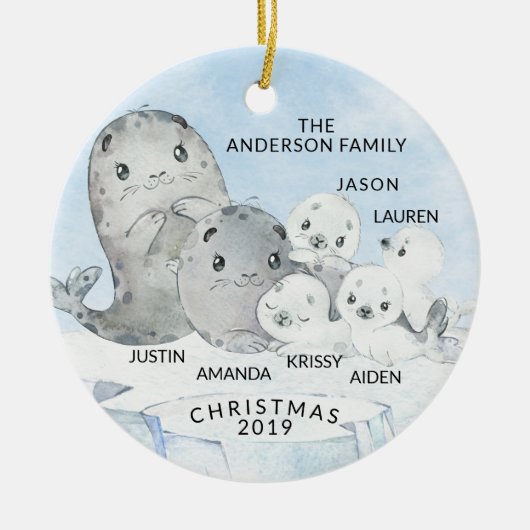 アザラシの家族 6人家族 クリスマス セラミックオーナメント (正面)