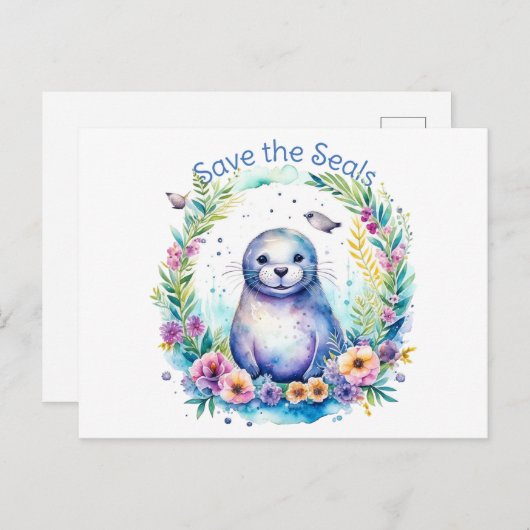 アザラシ救の水彩 ポストカード (正面/裏面)