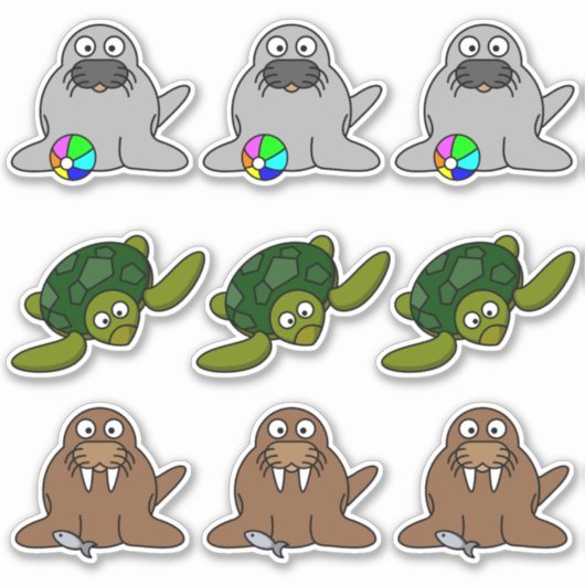 アザラシ、ウミガメ、セイウチの水族動物のマンガ大 シール (正面)