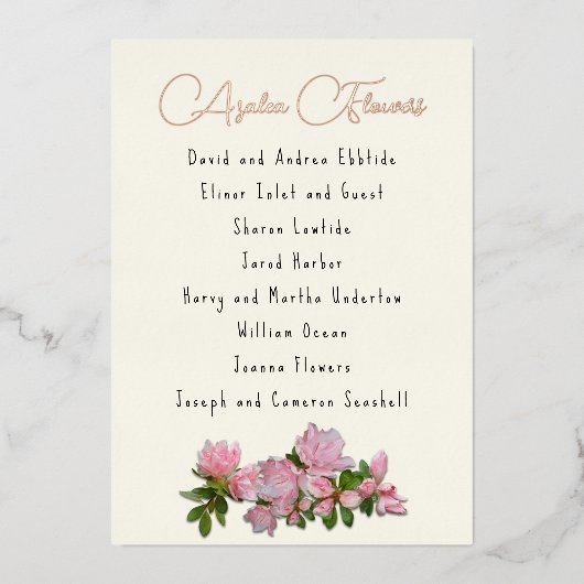 アザレアフラワーズゲストリストテーブル名箔カード 箔招待状 (正面)