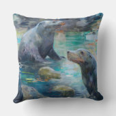 アシカが岩の上に座ってティール（緑がかった色） クッション (裏面)