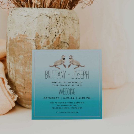 アシカのターコイズブルー モダン結婚式招待状 招待状