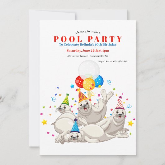 アシカのプールパーティー招待状 招待状 (正面)