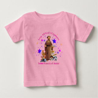 アシシカトリックの女の子ピンクの聖フランシス ベビーTシャツ