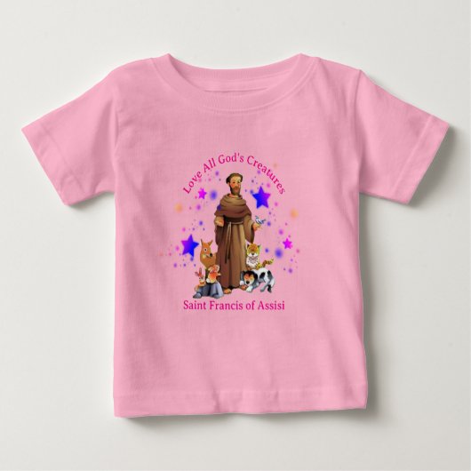 アシシカトリックの女の子ピンクの聖フランシス ベビーTシャツ (正面)