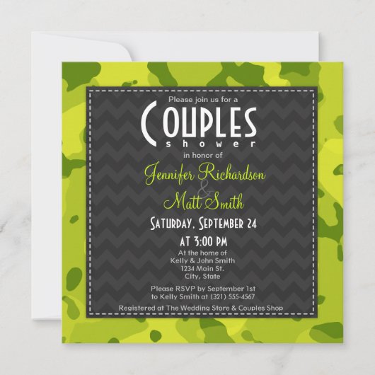アシッドグリーン迷彩柄;カップルシャワー招待状 招待状 (正面)