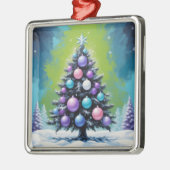アシッドポップ・アートのグリーンバイオレットを使用したアートシントウェーブクリスマス メタルオーナメント (左)