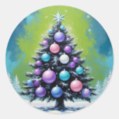 アシッドポップ・アートのグリーンバイオレットを使用したアートシントウェーブクリスマス ラウンドシール (正面)