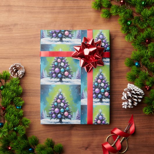 アシッドポップ・アートのグリーンバイオレットを使用したアートシントウェーブクリスマス ラッピングペーパー (クリスマスギフト)