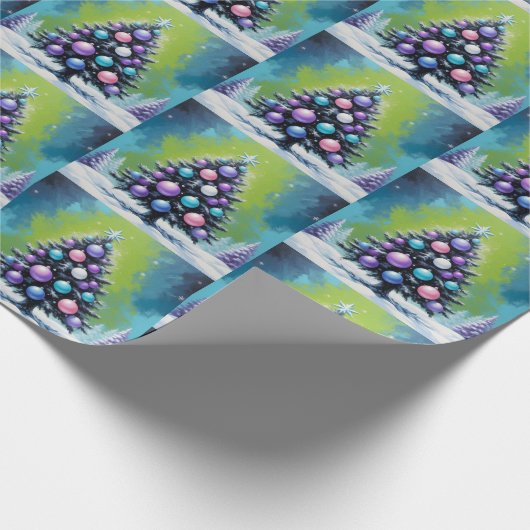 アシッドポップ・アートのグリーンバイオレットを使用したアートシントウェーブクリスマス ラッピングペーパー (角)