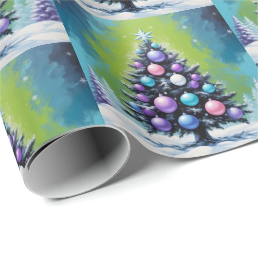 アシッドポップ・アートのグリーンバイオレットを使用したアートシントウェーブクリスマス ラッピングペーパー (ロールコーナー)