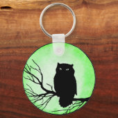 アシッド・グリーン・ウォーター・カラー・ムーンを持つ怖いヴィンテージ・フクロウ キーホルダー (正面)