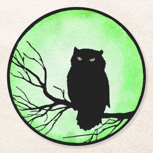 アシッド・グリーン・ウォーター・カラー・ムーンを持つ怖いヴィンテージ・フクロウ ラウンドペーパーコースター (正面)