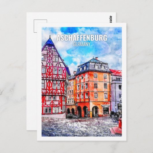 アシャフェンブルグドイツ旅行水カラースケッチ ポストカード (正面/裏面)