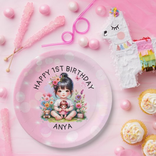 アジかわいらしアパーソナライズされた・ガール・アンド・ドール誕生日 ペーパープレート (パーティー)