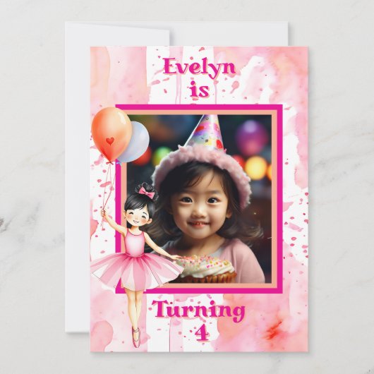 アジアかわいらしピンクバレリーナガールの誕生日パーティー 招待状 (正面)