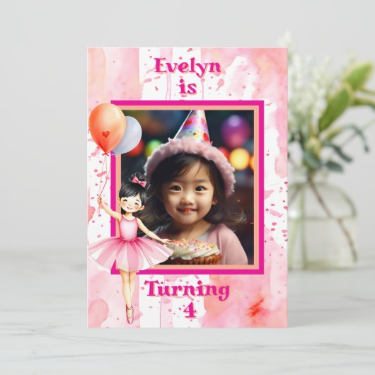 アジアかわいらしピンクバレリーナガールの誕生日パーティー 招待状 (スタンド正面)