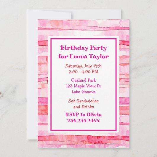 アジアかわいらしピンクバレリーナガールの誕生日パーティー 招待状 (裏面)