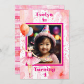 アジアかわいらしピンクバレリーナガールの誕生日パーティー 招待状 (正面/裏面)