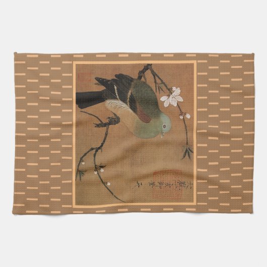 アジアのアートピジョンオンさくらんぼツリーの枝 キッチンタオル (横)