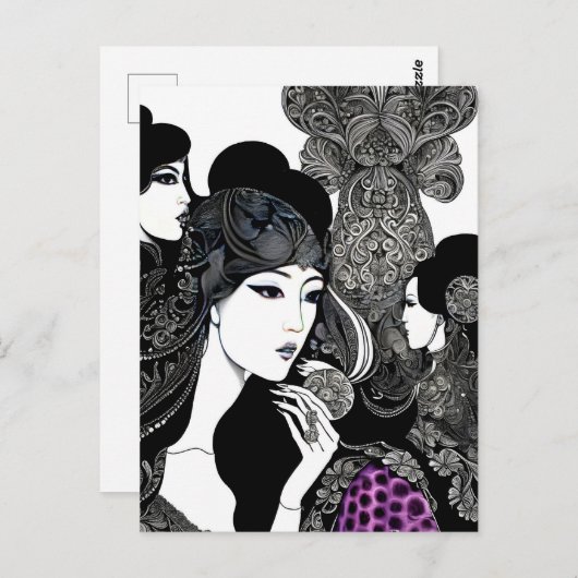 アジアのインク女性アート、ポストクロッシング ポストカード (正面/裏面)