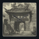 アジアのインペリアル寺院（白黒） スクエア壁時計<br><div class="desc">訪問者は、このアジアのインペリアルテンプルの前に集まり、入力する準備ができている。プリント素晴らしは白黒で行われ、全体の作品与えは、それが描かれている時間を模倣した古代の外観である。これを壁に置いて楽しむ!</div>