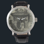 アジアのインペリアル寺院（白黒） 腕時計<br><div class="desc">訪問者は、このアジアのインペリアルテンプルの前に集まり、入力する準備ができている。プリント素晴らしは白黒で行われ、全体の作品与えは、それが描かれている時間を模倣した古代の外観である。これを壁に置いて楽しむ!</div>