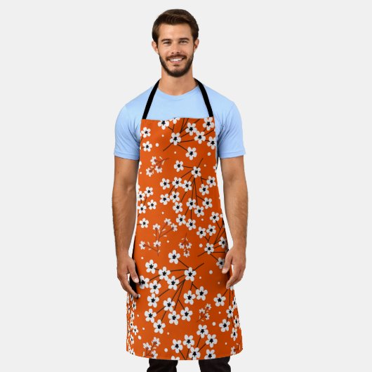 アジアのエレガンス:レッドフローラシームレスプリント エプロン (着用した状態)