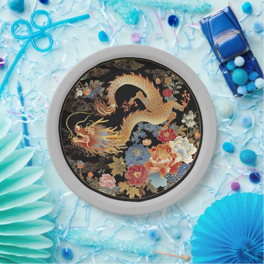 アジアのドラゴンと牡丹の花 ペーパープレート (パーティー)