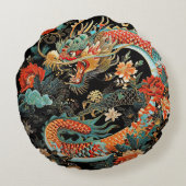 アジアのドラゴンと花の丸い枕 ラウンドクッション (裏面)