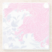 アジアのドラゴン – ピンクと白オンブルーフローラ ガラスコースター (裏面)