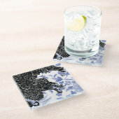 アジアのドラゴン – 青の白黒フローラ ガラスコースター (アングル)