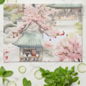 アジアのパゴダの水彩さくらんぼの花々の中 キッチンタオル (折り畳み)