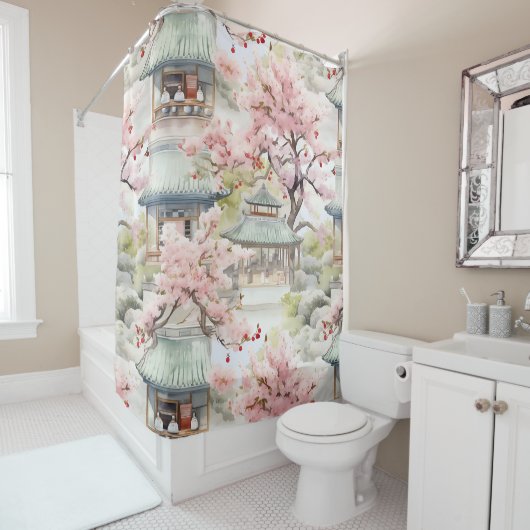 アジアのパゴダの水彩さくらんぼの花々の中 シャワーカーテン (インサイチュ)
