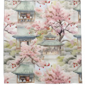 アジアのパゴダの水彩さくらんぼの花々の中 シャワーカーテン (正面)