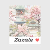 アジアのパゴダの水彩さくらんぼの花々の中 シール (シート)