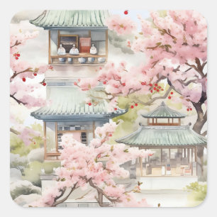 アジアのパゴダの水彩さくらんぼの花々の中 スクエアシール