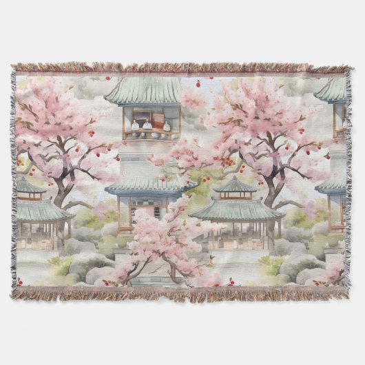 アジアのパゴダの水彩さくらんぼの花々の中 スローブランケット (正面)