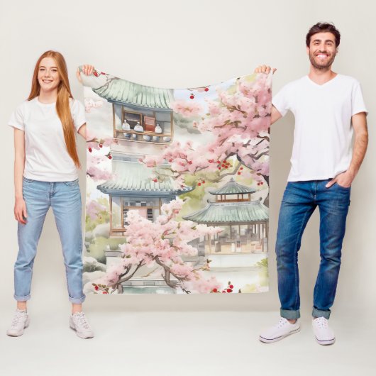 アジアのパゴダの水彩さくらんぼの花々の中 フリースブランケット (インサイチュ)