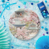 アジアのパゴダの水彩さくらんぼの花々の中 ペーパープレート (パーティー)