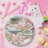 アジアのパゴダの水彩さくらんぼの花々の中 ペーパープレート (パーティー)